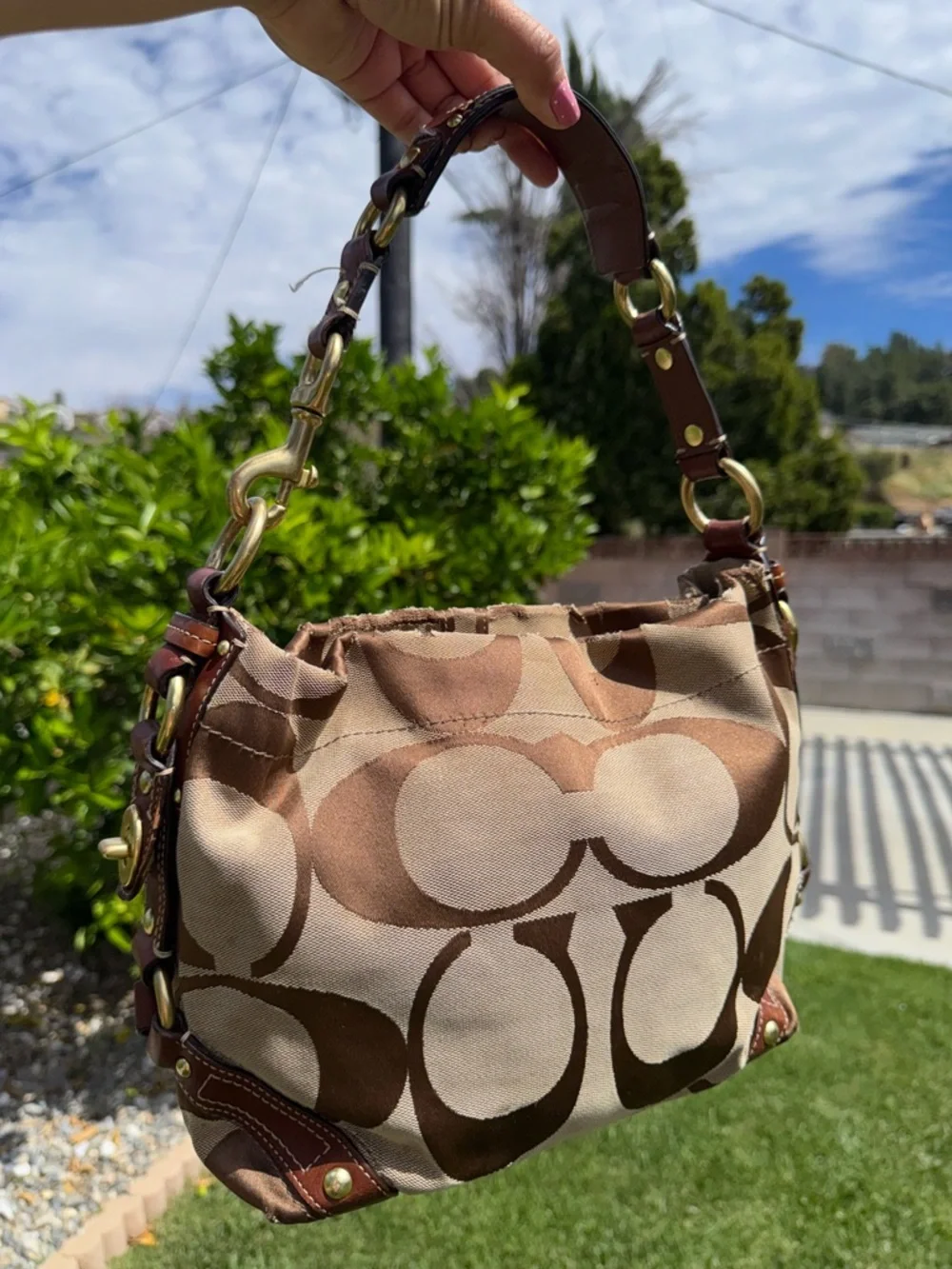 Coach Y2K Vintage Signature Carly Canvas Brown Tan Hobo Shoulder HandBag #10619